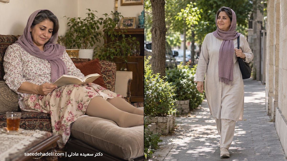 پیاده‌روی، بالا نگه داشتن پا و جوراب واریس برای کنترل علائم نارسایی وریدی