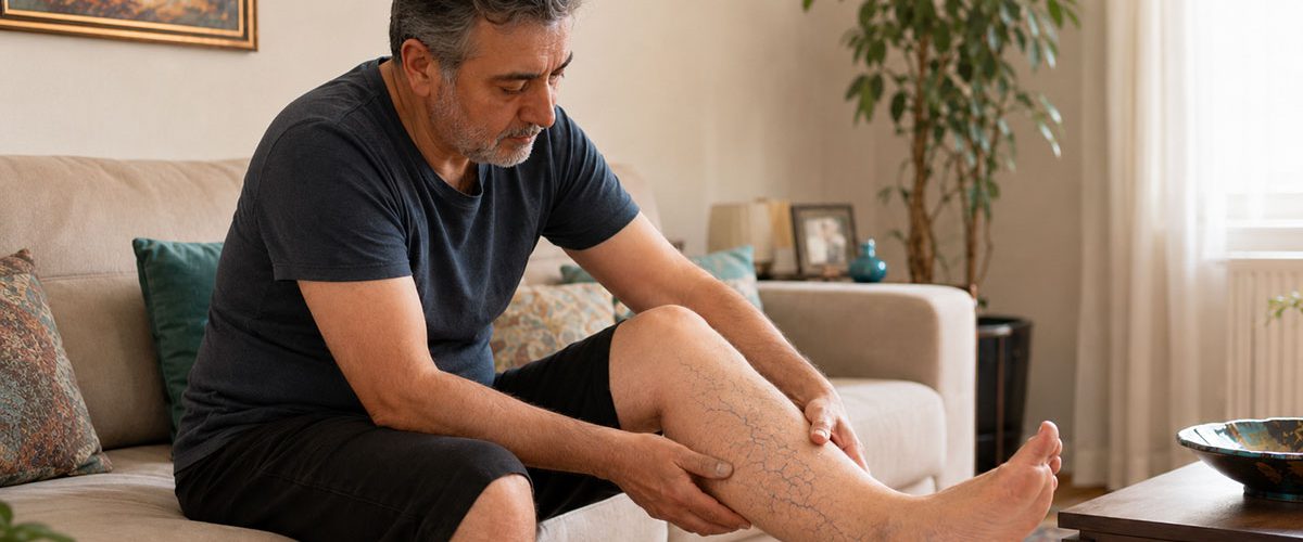 فرد مبتلا به واریس پا در حال استراحت و مراقبت خانگی
