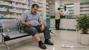 دارو برای درمان واریس و فردی که به رگ‌های واریسی پای خود نگاه می‌کند