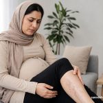 زن باردار با رگ‌های واریسی روی پا در تصویر مربوط به واریس در بارداری