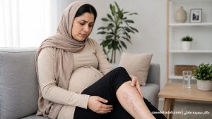 زن باردار با رگ‌های واریسی روی پا در تصویر مربوط به واریس در بارداری