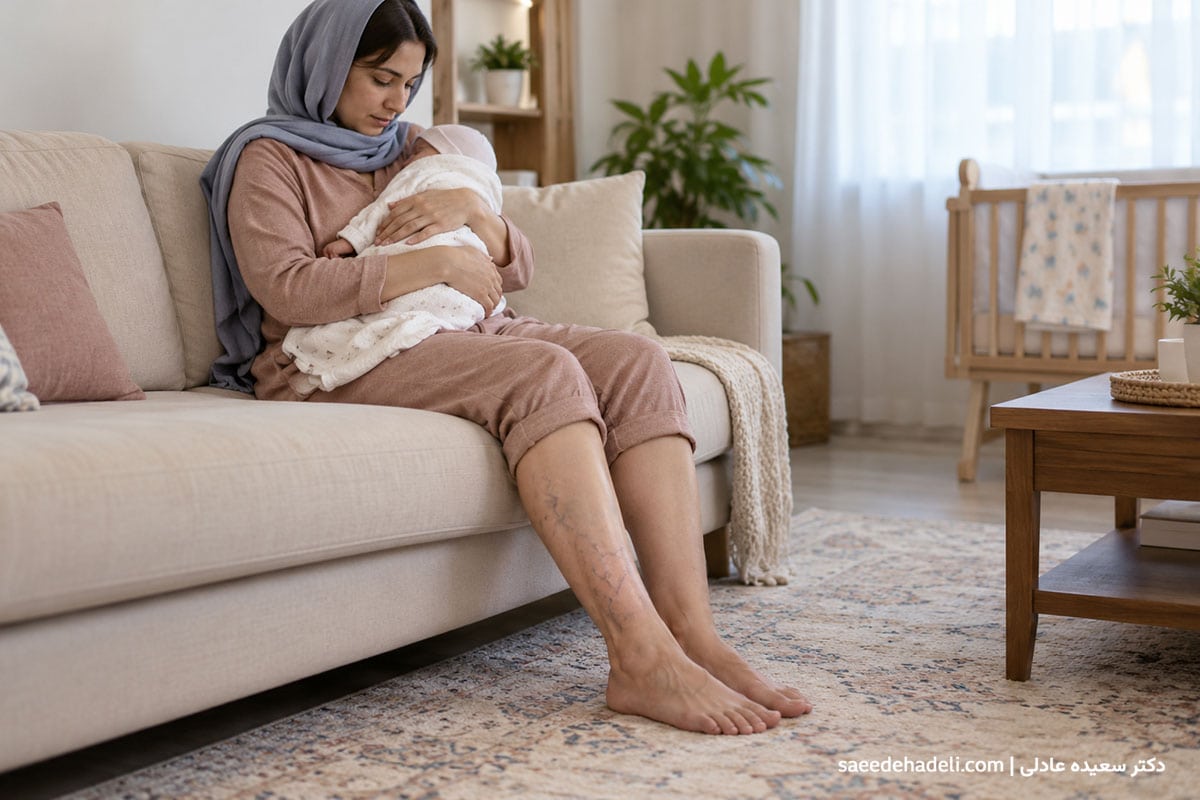 رگهای واریسی آبی و برجسته روی ساق پای خانم بعد از زایمان
